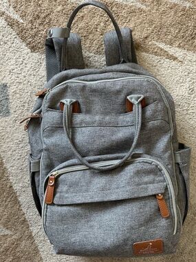 Baby Grey Canvas Diaper Backpack with Brown Leather Accents - with Changing Mat